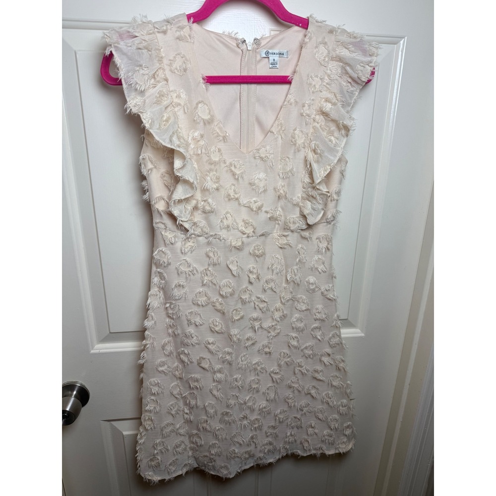 Versona Cream Eyelash Fringe Ruffle V-Neck Mini Dress Sleeveless Size 8